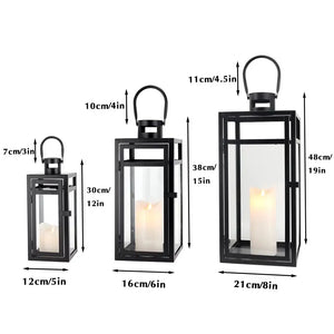 Set of 3 black stainless steel candle lanterns by JHY DESIGN with glass panels (12/15/19 in)