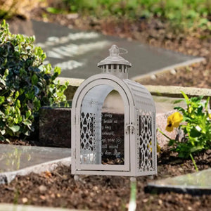 11-inch High Memorial Remembrance Lantern, grey decorative candle lantern with lattice panels (no candle)