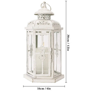 12-inch candle lantern, white distressed metal with gold brush finish, decorative home decor