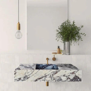 Calacatta Viola marble wall-mount bathroom vanity sink with fluted front by Villohome, 20x56 in