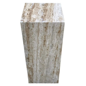 End/side table, walnut travertine vein-cut cube design, polished beige veined stone, 10x10x24 in
