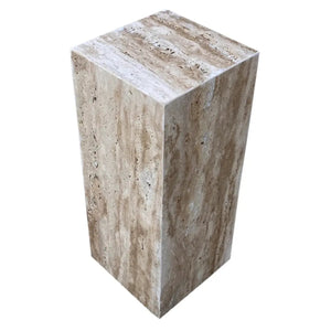 Walnut Travertine vein-cut cube end table, polished stone finish, 10x10x24 inches