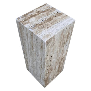 Walnut travertine vein-cut cube end/side table by Villohome, polished finish, 10x10x24 in