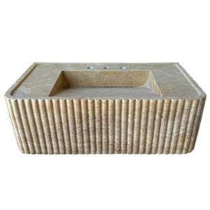 Walnut travertine rectangular wall-mount bathroom sink with fluted sides by Villohome, 32 in, 16 in wide, 10 in high.