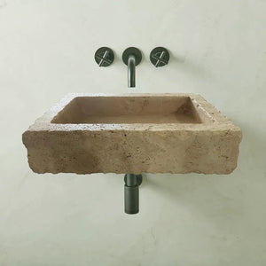 Walnut Travertine Rustic rectangular wall-mount bathroom sink, Villohome, 20x30-inch stone basin