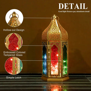 12-inch gold hexagonal Moroccan candle lantern by JHY DESIGN with colorful glass panels.