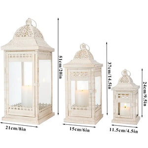 Decorative candle lanterns set of 3 beige vintage metal lanterns in 20in, 14.5in and 9.5in heights
