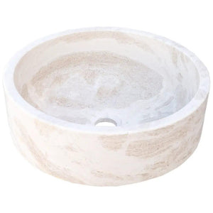 Natural stone white limestone vessel sink, round polished basin, 16-inch diameter, Villohome.