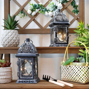 Set of 2 grey metal lanterns, 8in high, battery-operated with vintage design by JHY DESIGN.