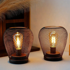 6.7-inch tall battery-powered outdoor table lamps by JHY DESIGN, set of 2, black metal mesh with warm Edison bulbs