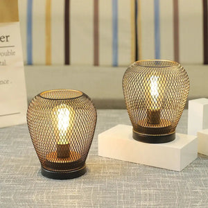 JHY DESIGN 6.7-inch tall battery-powered outdoor table lamps set of 2 with metal mesh shades, warm glow.