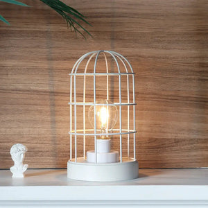 9.5-inch white metal cage table lamp, battery-operated, vintage-style by JHY DESIGN.