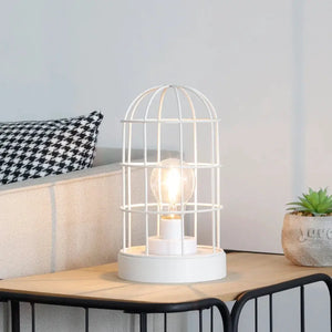 9.5H decorative white metal cage table lamp with exposed bulb, battery-operated by JHY DESIGN