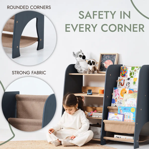 Wooden Montessori 2-in-1 toddler bookshelf and toy shelving by Goodevas; navy blue frame with beige fabric bins