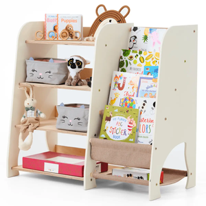 Wooden Montessori toddler 2in1 bookshelf and toy shelving by Goodevas, natural wood with cream frame