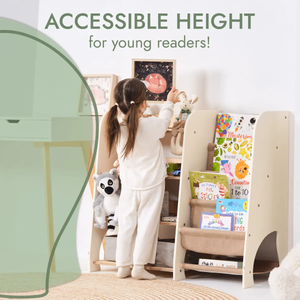 Wooden Montessori shelves for toddlers 2in1 by Goodevas; bookshelf and toy shelving in natural wood.