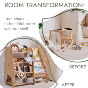 Wooden Montessori Shelves for Toddlers 2in1: Bookshelf & Toy Shelving, Goodevas, natural wood finish