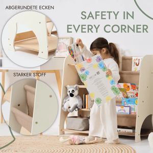 Wooden Montessori toddler bookshelf and toy shelf 2in1 with rounded corners by Goodevas
