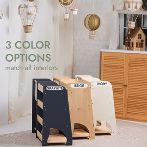 Wooden Montessori Shelves for Toddler 2in1: Bookshelf & Toy Shelving by Goodevas; 3-color set graphite beige ivory