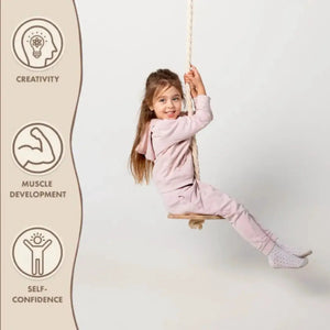 Wooden rope swing for kids, Goodevas single baby swing with natural wood seat and rope.