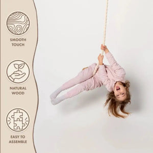 Wooden rope swing for kids, single baby swing in natural wood with thick rope.