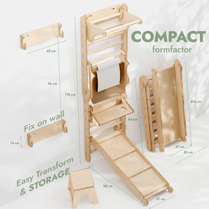 Goodevas wooden Swedish wall 7-in-1 climber with ladder, swing, slide and art add-on in natural wood
