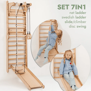 Wooden Swedish wall ladder 7-in-1 kids' activity set with rope, rings, and slide, two children playing.