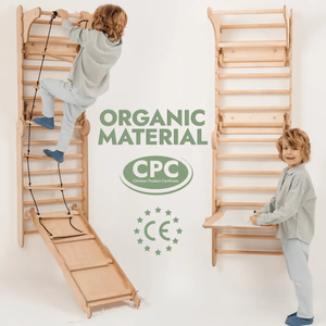 Wooden Swedish wall climbing ladder for kids with slide board; organic material, CPC and CE certified