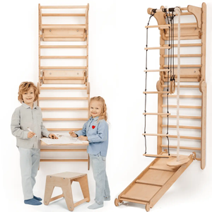 Goodevas wooden Swedish wall climbing ladder with rope course and slide add-on; kids playing
