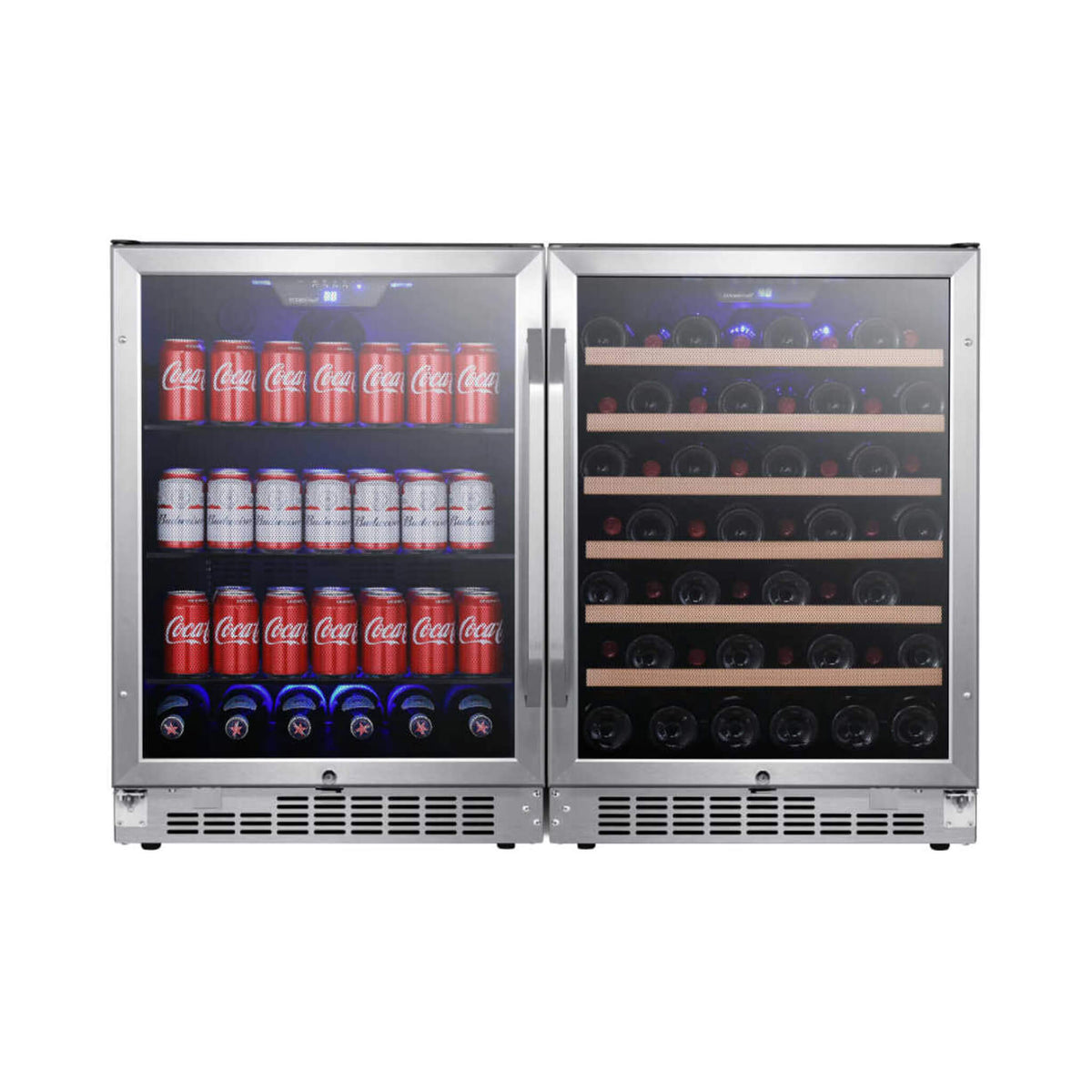Built-in wine fridge with glass door and interior lighting in a modern home bar setup