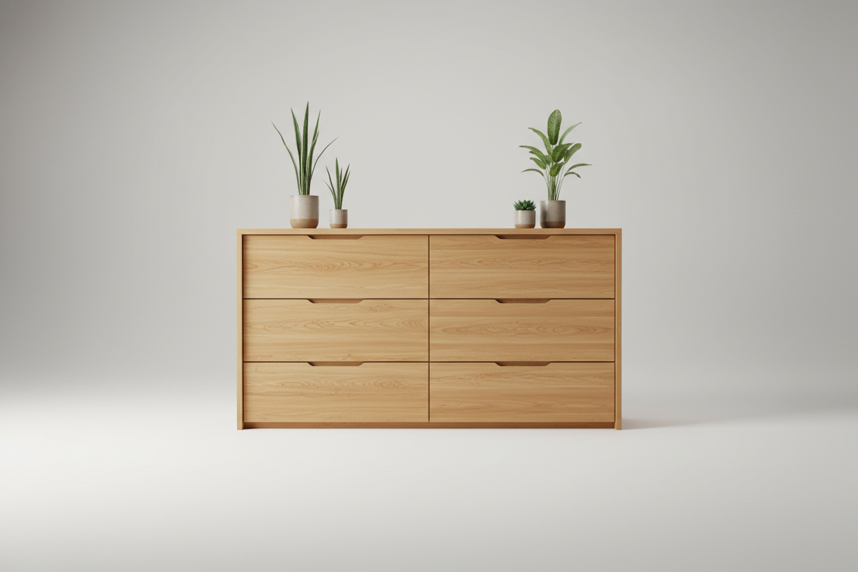 White wooden dresser with multiple drawers and cabinet doors, featuring a classic design and ample bedroom storage space.