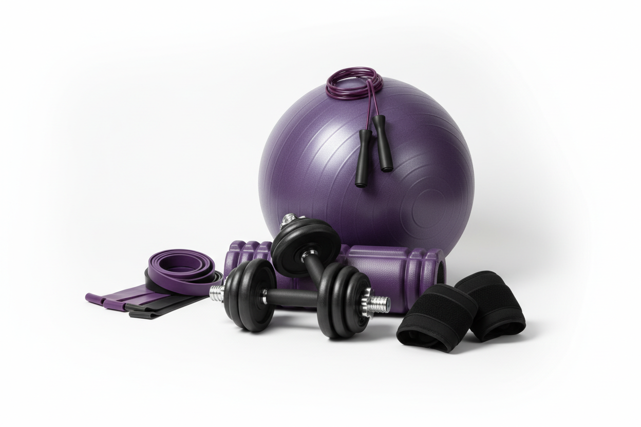 Home fitness equipment set including a purple exercise ball, dumbbells, resistance bands, and workout accessories on a white background.