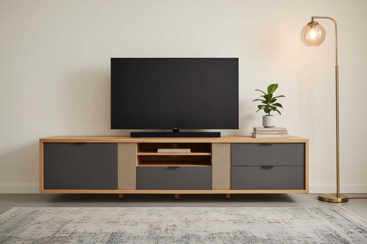 Modern TV stand with a flat-screen television, wood and gray cabinet design, media storage compartments, floor lamp, and decorative plant in a minimalist living room.