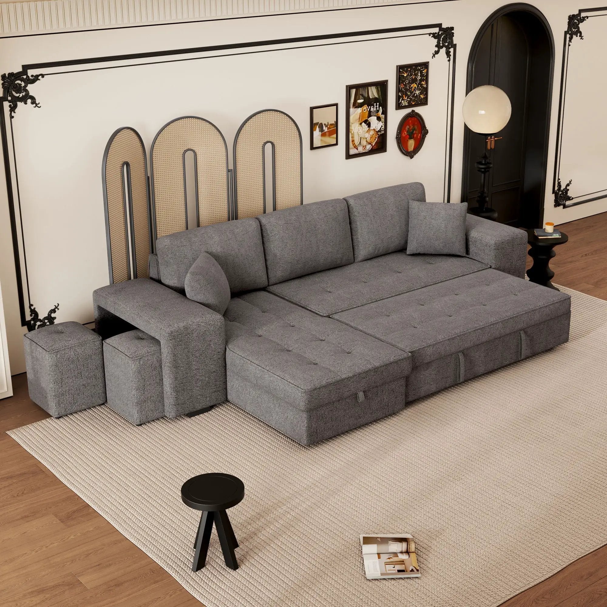 Modern L-Shape 3 Seat Reversible Sectional Couch, Pull Out Sleeper Sofa With Storage Chaise And 2 Stools For Living Room Furniture Set