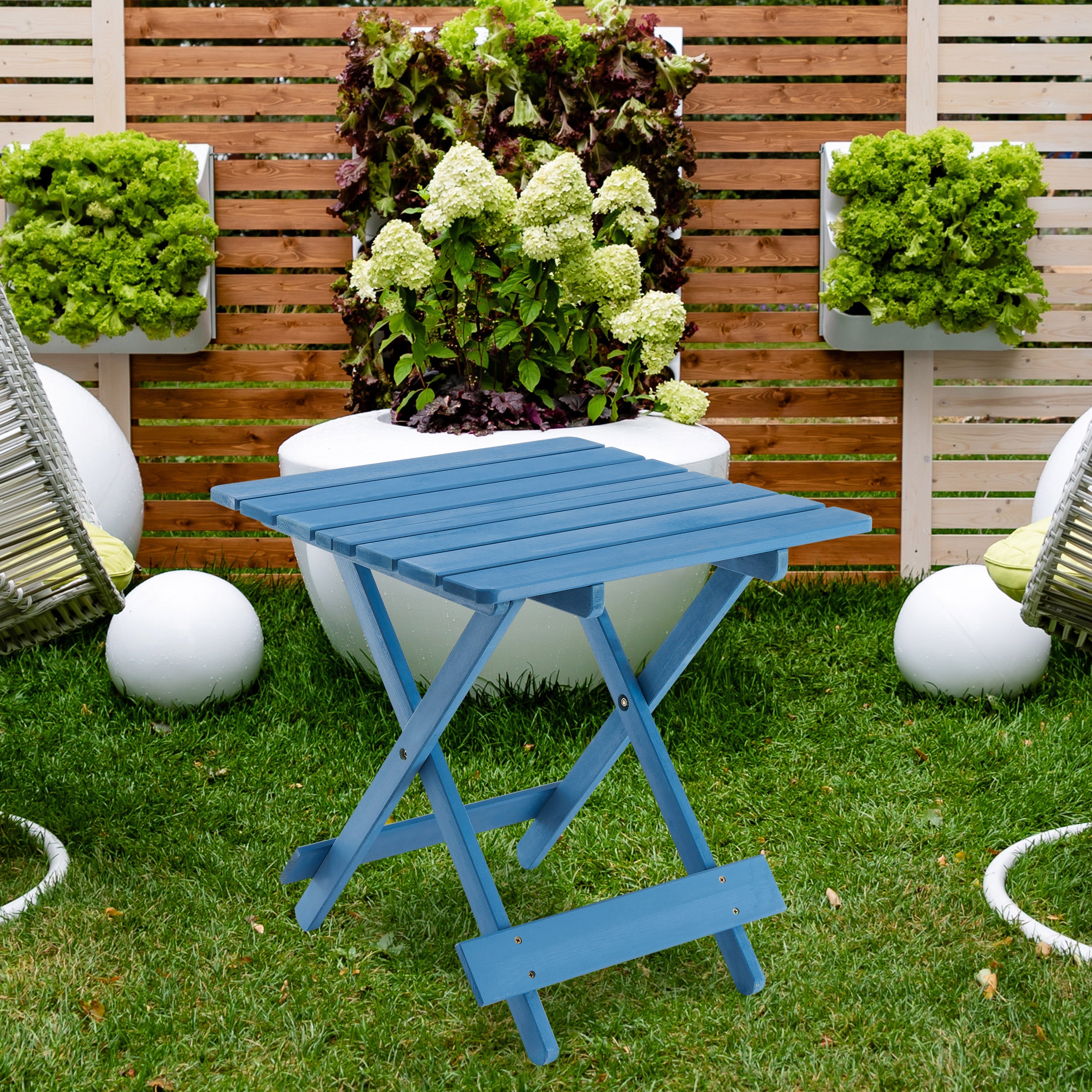 Folding Square Table Patio Outdoor solid wood Table for Backyard, Balcony, Portable Design Space-Saving Blue Color