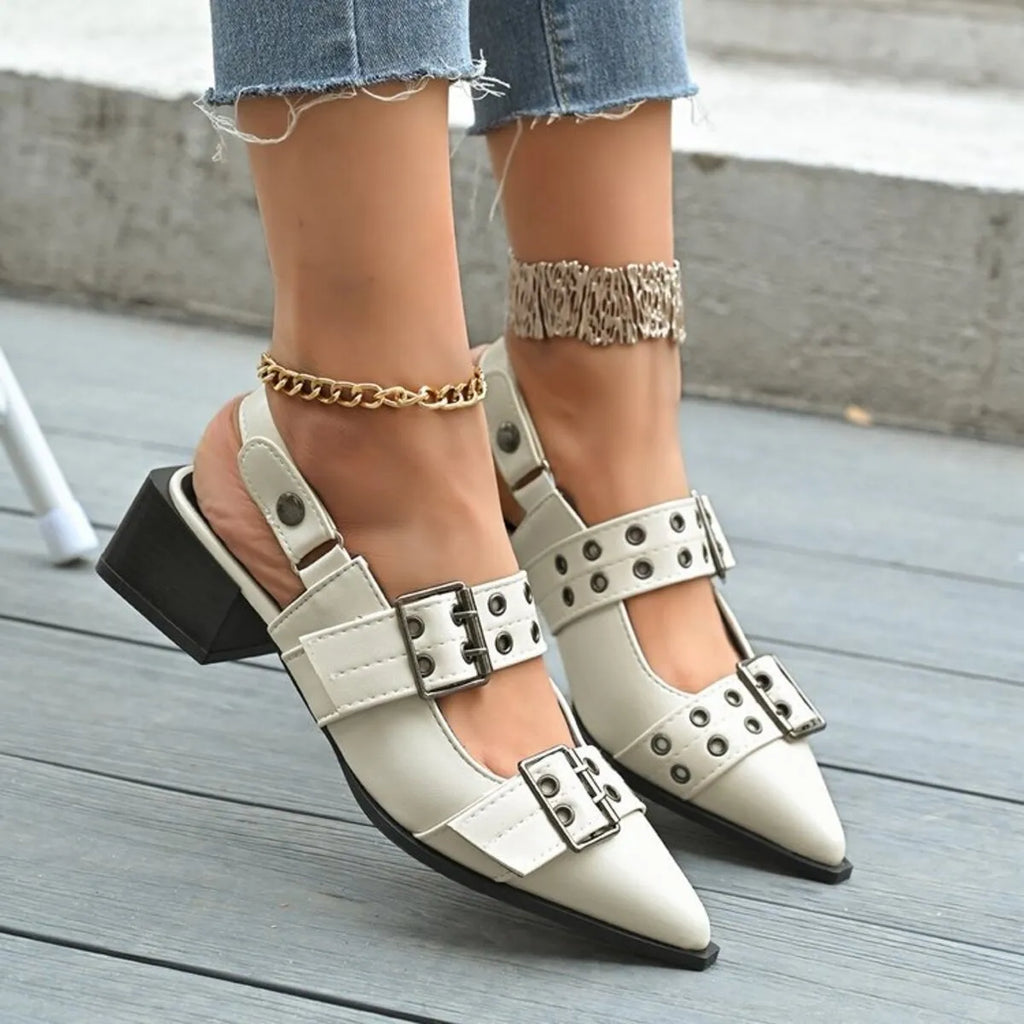 Point Toe Block Heels Slingback Pumps