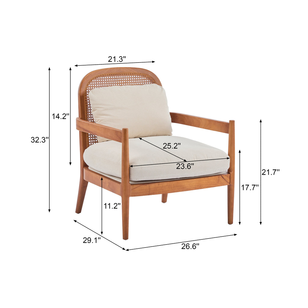[Set of 2]  26.6' Mid-Century Modern Accent Chair with Walnut Finish Solid Wood Frame and Rattan Backrest, Beige Cushion with Striped Fabric,  Comfy Armchairs for Living Room, Bedroom, Reading Nook