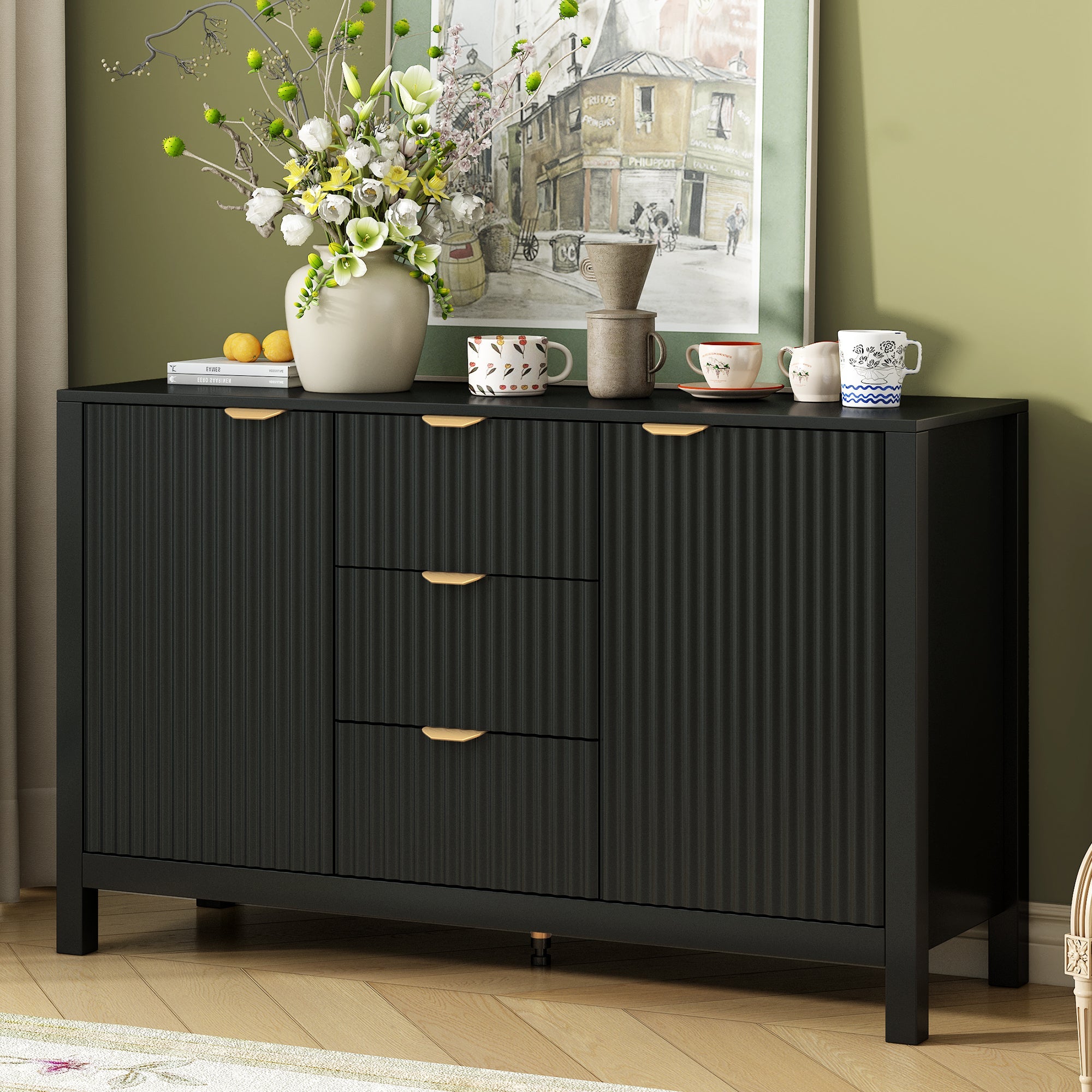 U_STYLE Sideboard with Wave Design - 3 Adjustable Shelves, 3 Drawers & Soft-Close Doors, Storage Console Table with Metal Handles, Suitable for Study, Hallway and Living Room, 3 Colors