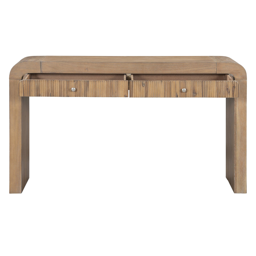 TREXM Rustic Console Table with Fluted Drawer Front, Entryway Table with Curved Corners & Thick Legs, Sturdy Sofa Table for Hallway & Living Room (Natural)