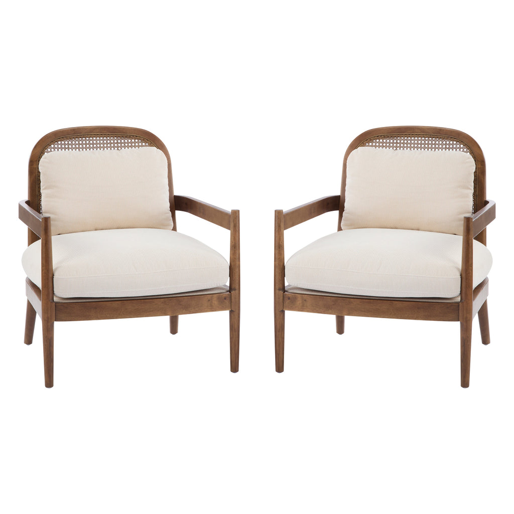 [Set of 2] 26.6' Mid-Century Modern Accent Chair with Light Brown Finish Solid Wood Frame and Rattan Backrest, Beige Cushion with Striped Fabric, Comfy Armchairs for Living Room, Bedroom, Reading Nook