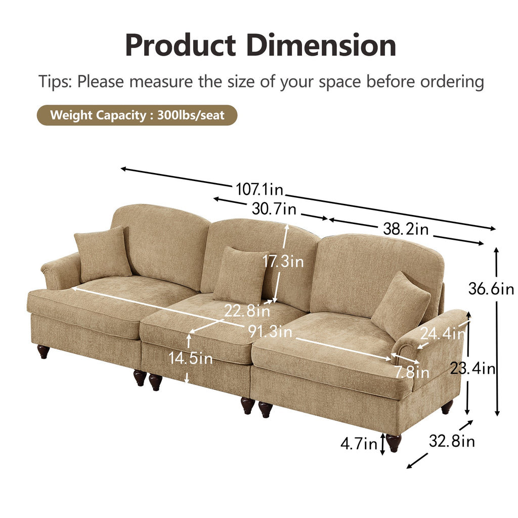 Elegant Mid Century Large 3 Seater Sofa Couch with Flared Arms and Removable Ruffles Pleats Skirts and Spindle Legs, Comfy Chenille Three-Seat Sofa for Living Room, Light Coffee