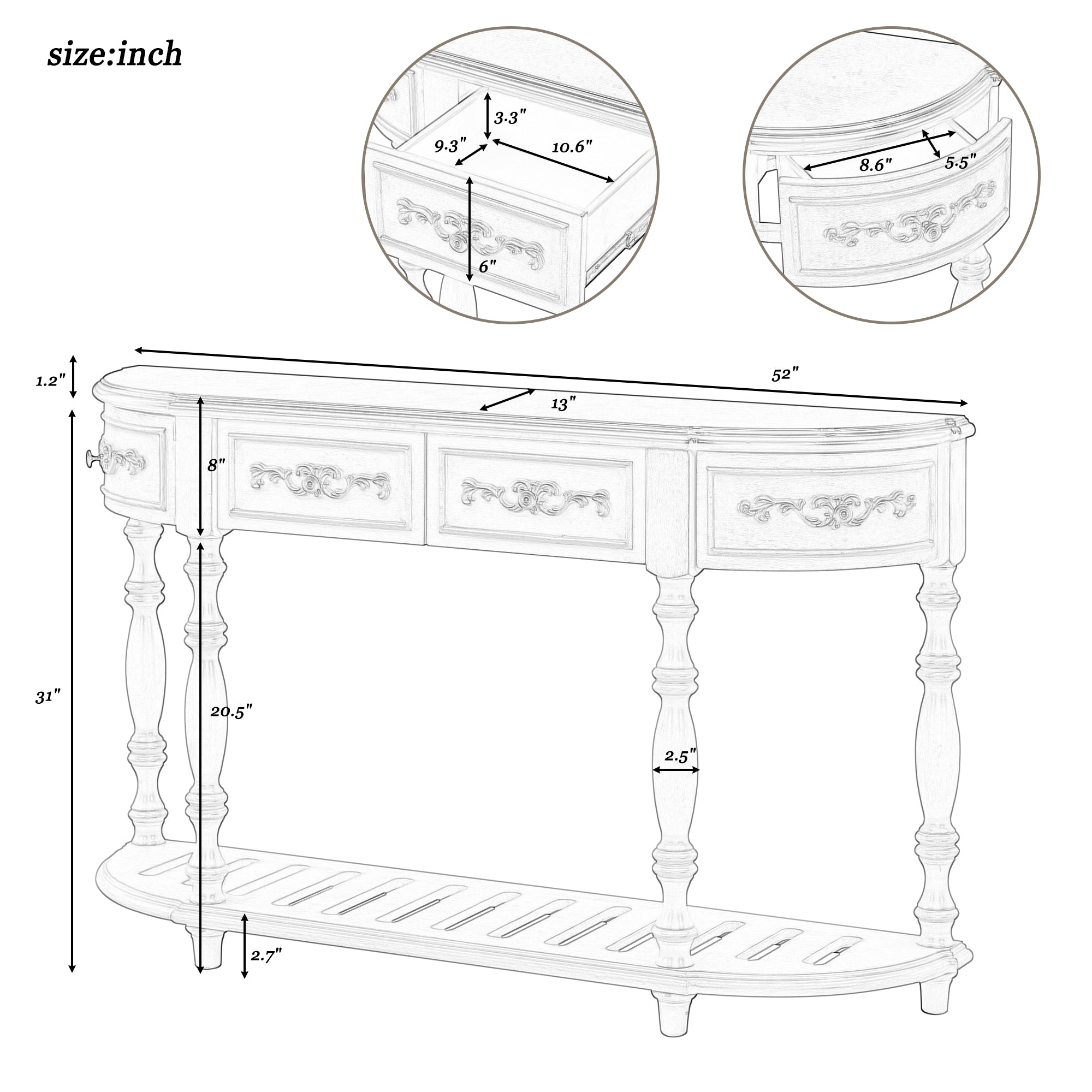 U_STYLE 52''Modern and Contemporary Curved Console Table Sofa Table Entryway Table for Hallway Living Room with 4 Drawers and 1 Shelf