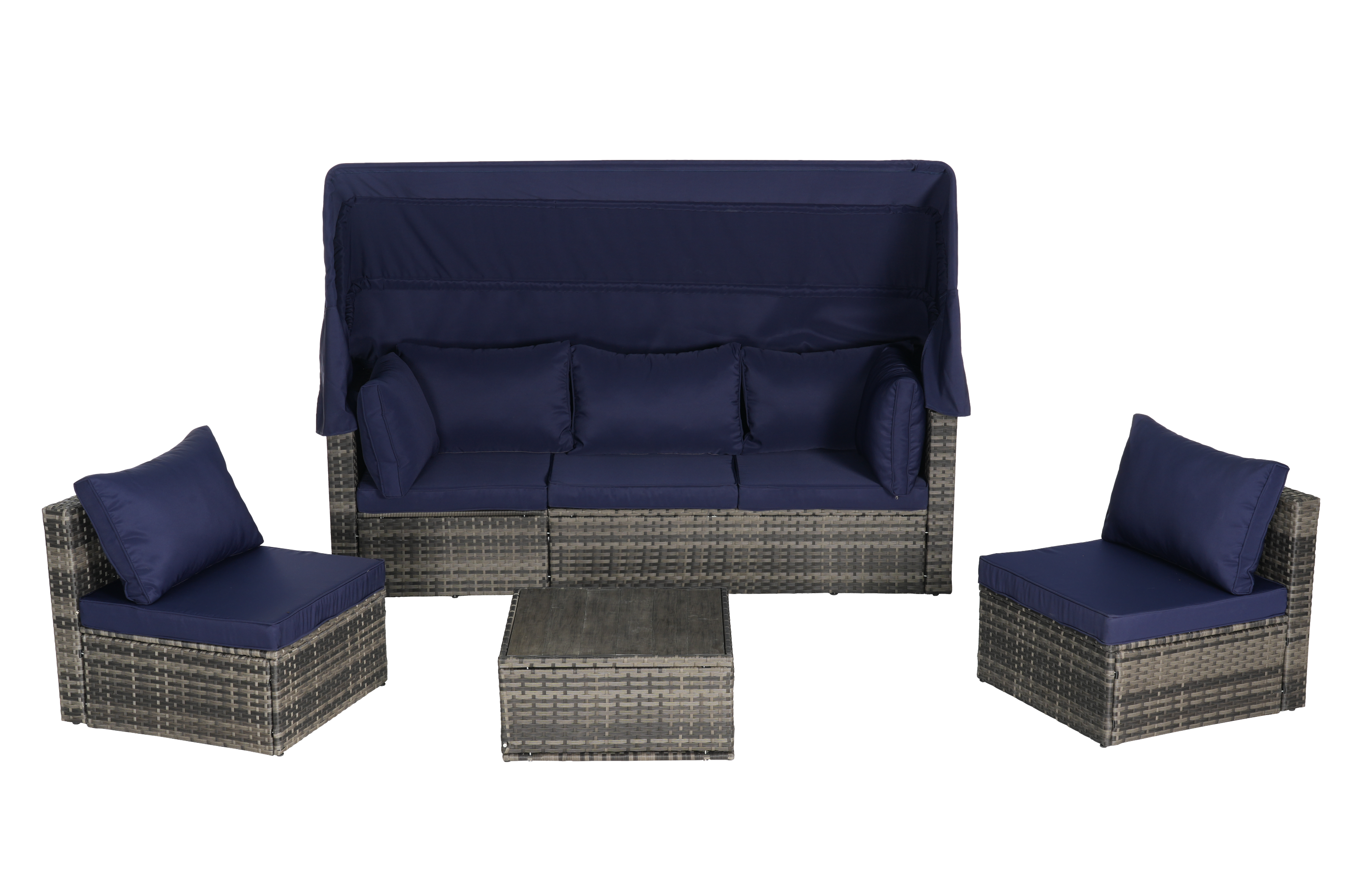 5 Pieces Outdoor Patio Wicker Daybed Furniture Set with Retractable Canopy, Storable Side Table, and Soft Cushions for Relaxing in Your Backyard or Porch