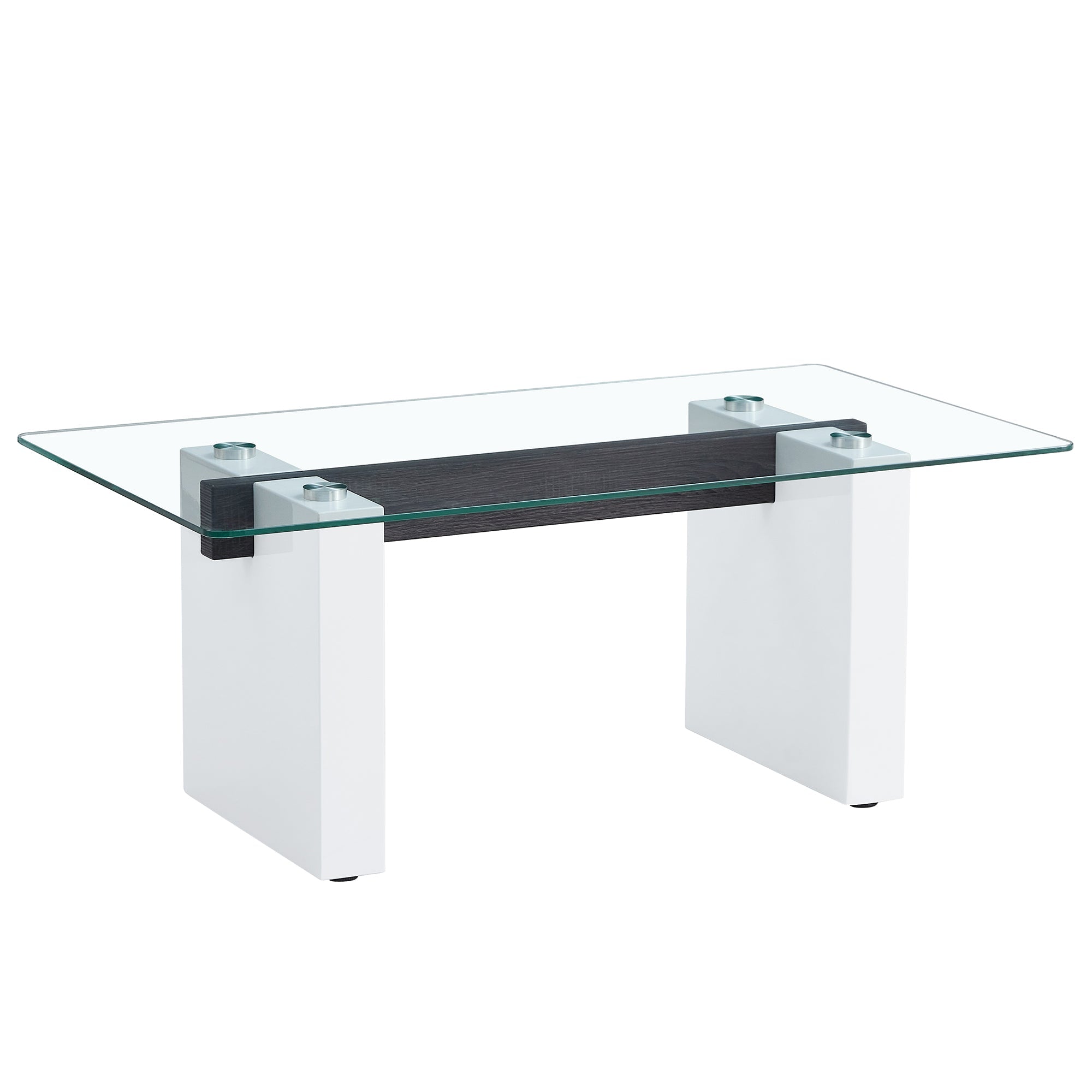 Modern minimalist transparent tempered glass coffee table , paired with white MDF decorative columns. Computer desk. Game table. CT-1546