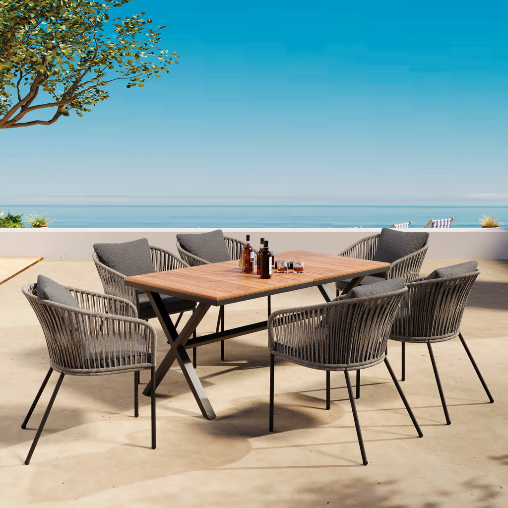 GO 7 Pieces Patio Dining Set, All-Weather Outdoor Furniture Set with Dining Table and Chairs, Acacia Wood Tabletop, Metal Frame, for for Garden, Backyard, Balcony, Grey