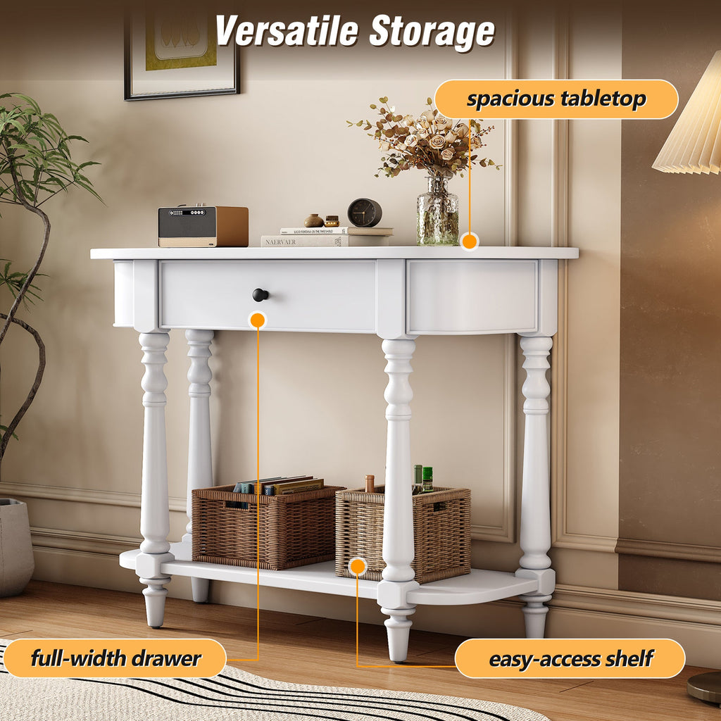 TREXM Narrow Console Table with Curved Corner, Retro Entryway Table with Top Drawer and Open Shelf, Sofa Table Console Tables for Entryway, Hallway and Living Room (White)
