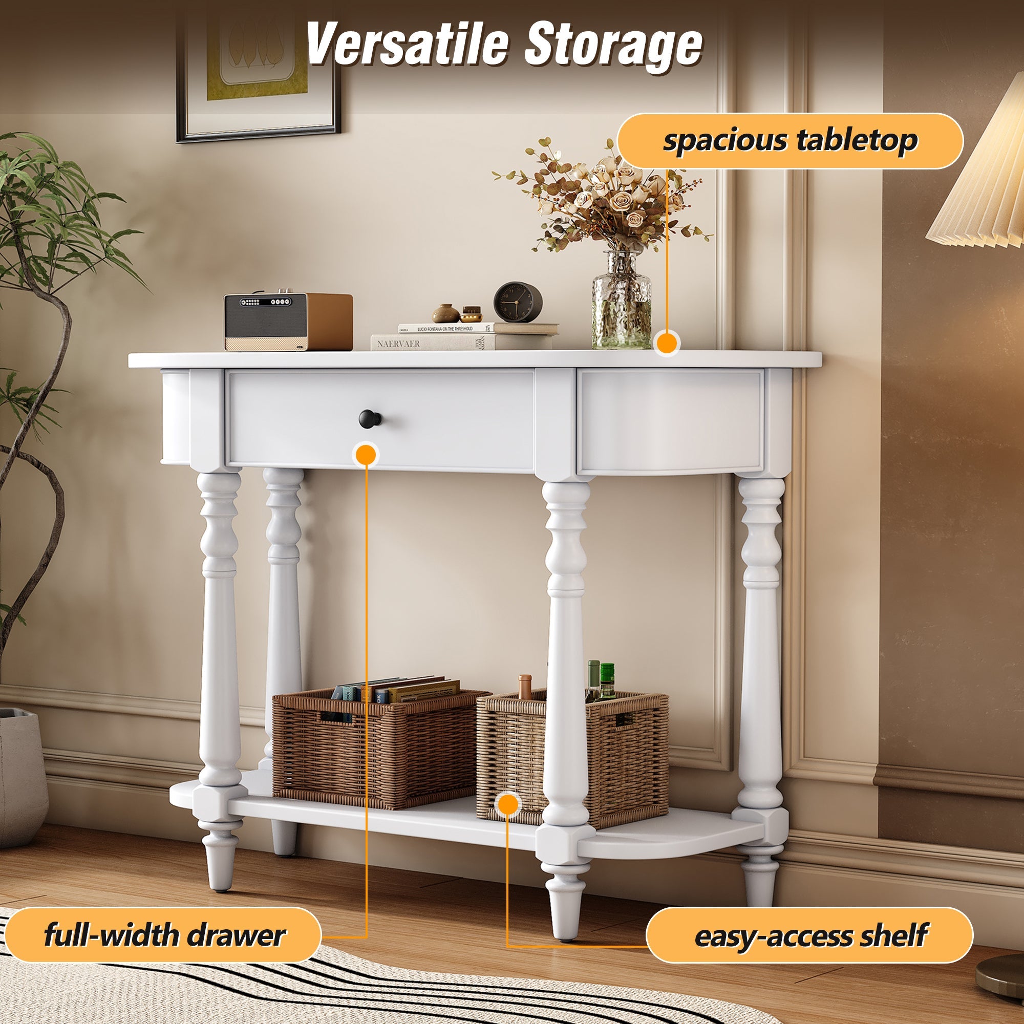 TREXM Narrow Console Table with Curved Corner, Retro Entryway Table with Top Drawer and Open Shelf, Sofa Table Console Tables for Entryway, Hallway and Living Room (White)