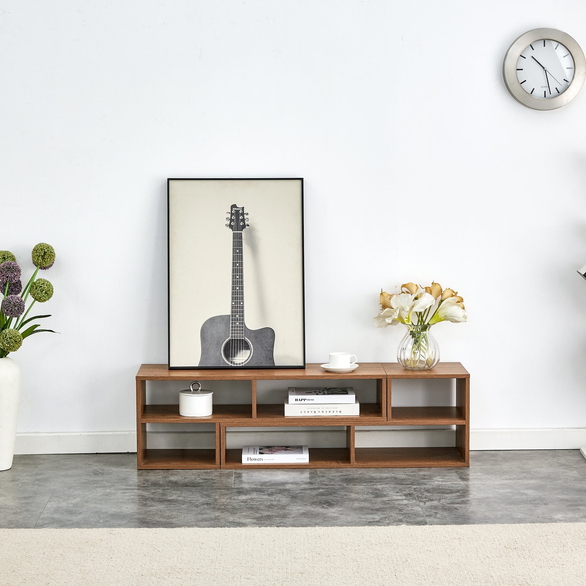 Modern 2-Piece Cube TV Stand with Open Storage, L-Shaped Design, Walnut MDF, 47.2' x 12' x 13.4'