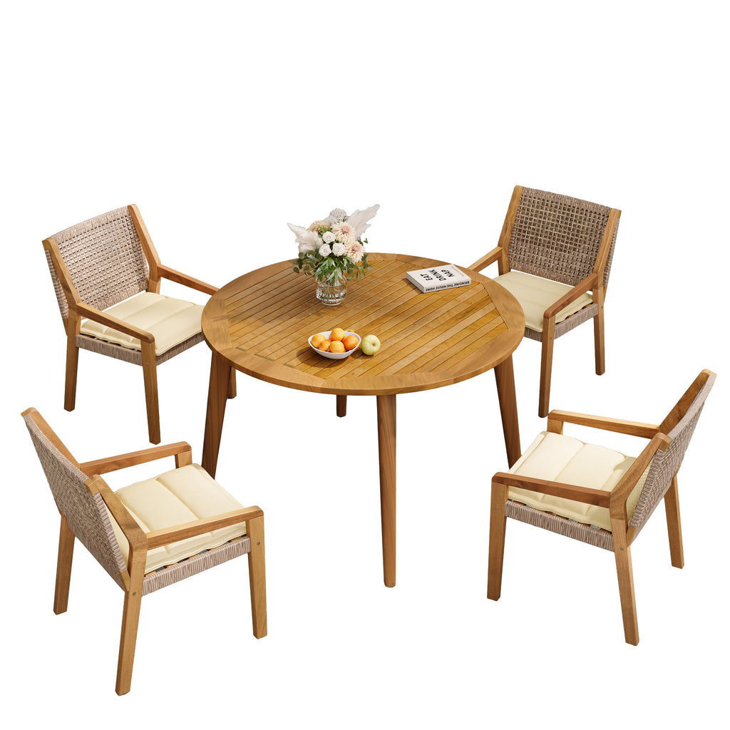 Outdoor Dining Set – Premium Acacia Wood Stamford Table & Wicker Chairs with Cream Cushion for Comfortable Dining Experience,Suitable for large gatherings(1 Table + 4 Chairs)