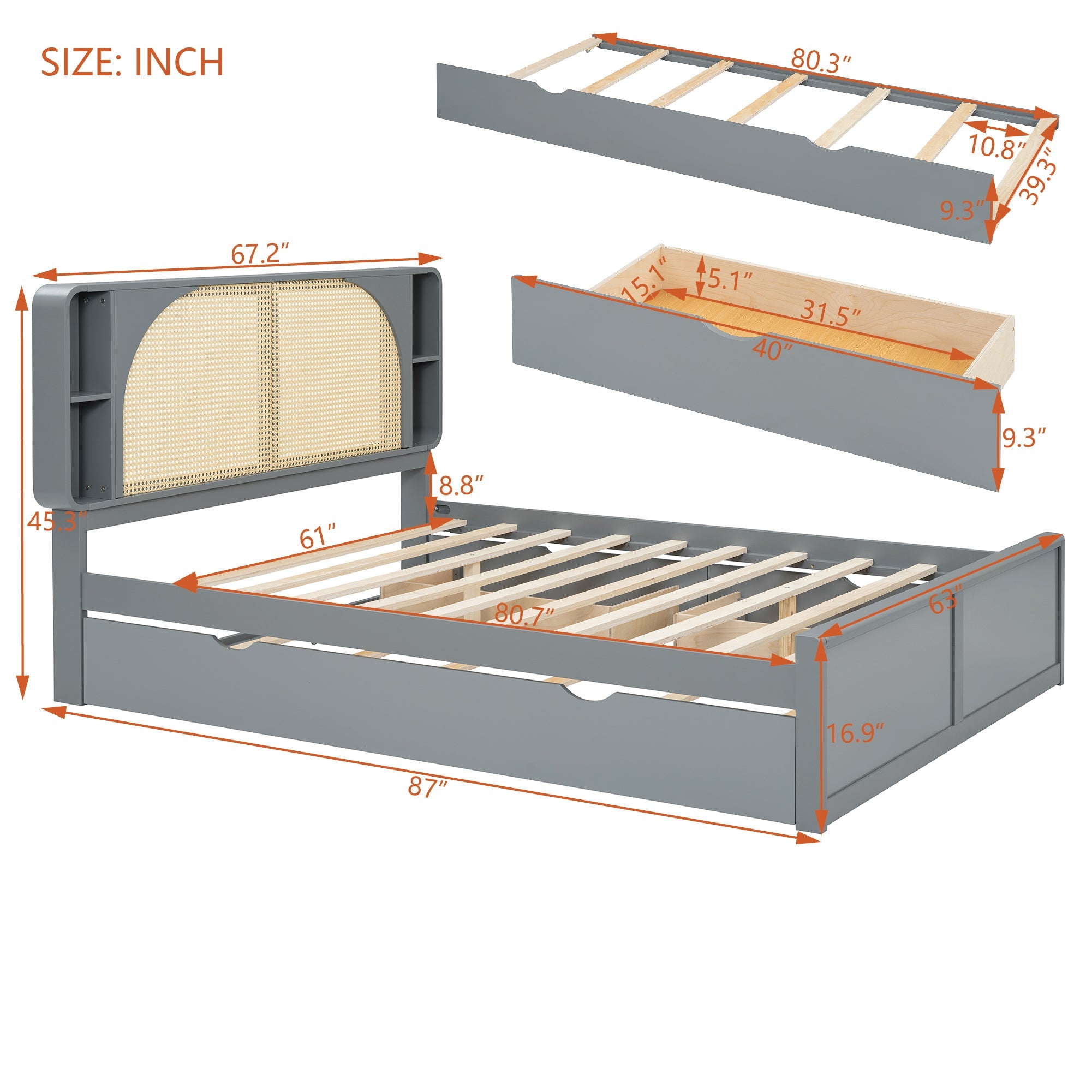 Queen Size Rattan Headboard Bed with Two Drawers and Trundle, Gray